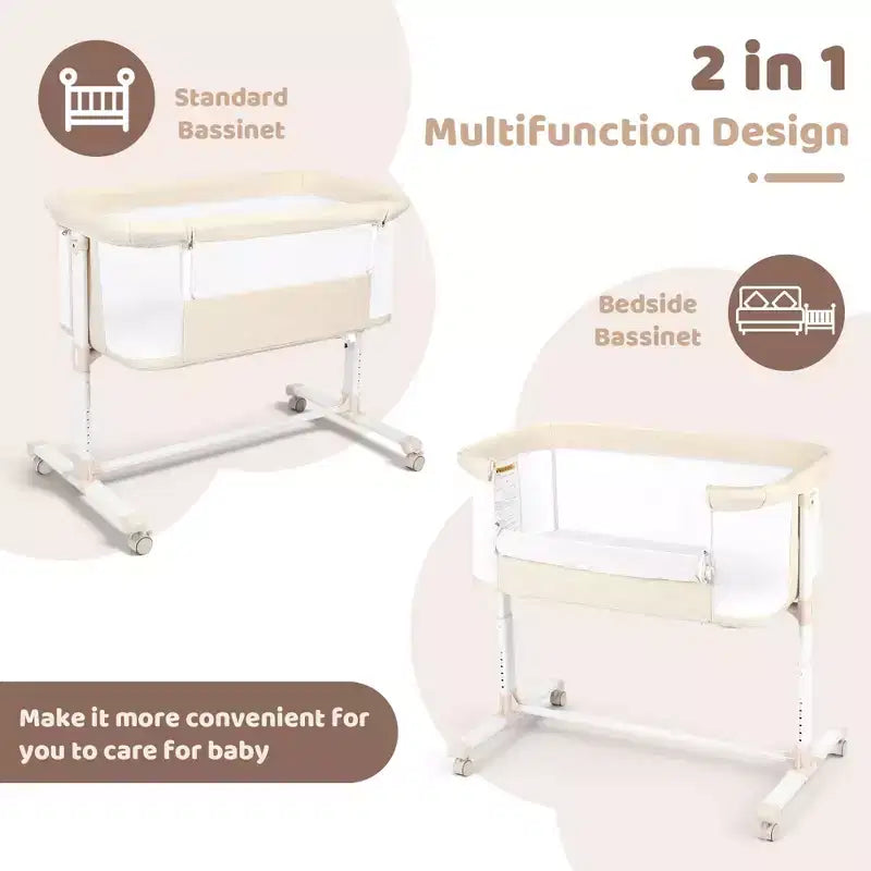 Berceau bébé à roulettes – Beige / Gris / Rose, cododo, pour 1 bébé