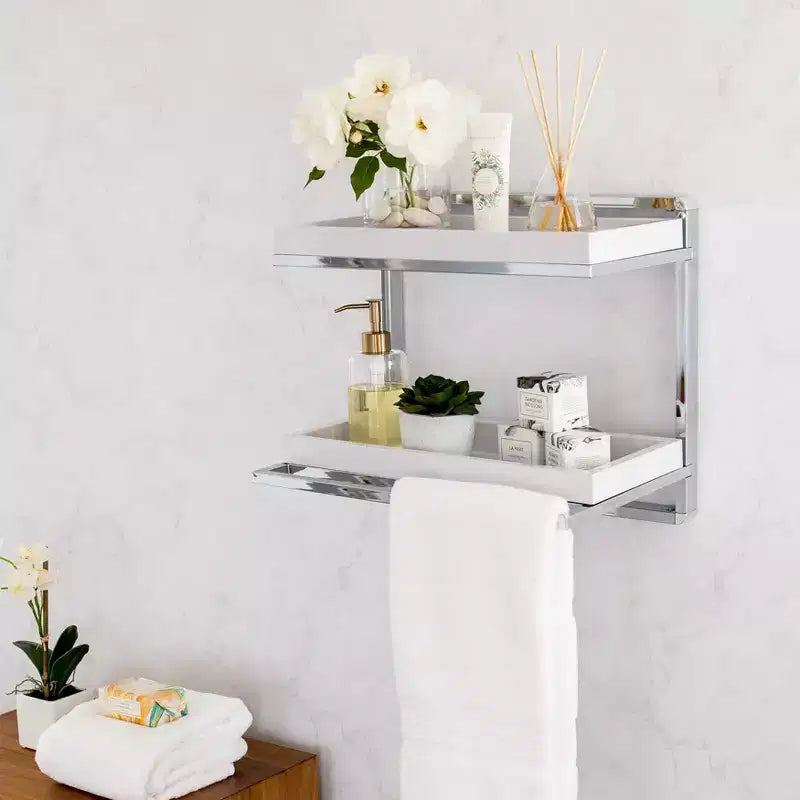 Étagère murale à 2 niveaux avec porte-serviettes et bacs Chromé/Blanc - : Organiseur de rangement de salle de bain moderne