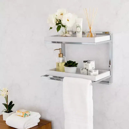 Étagère murale à 2 niveaux avec porte-serviettes et bacs Chromé/Blanc - : Organiseur de rangement de salle de bain moderne