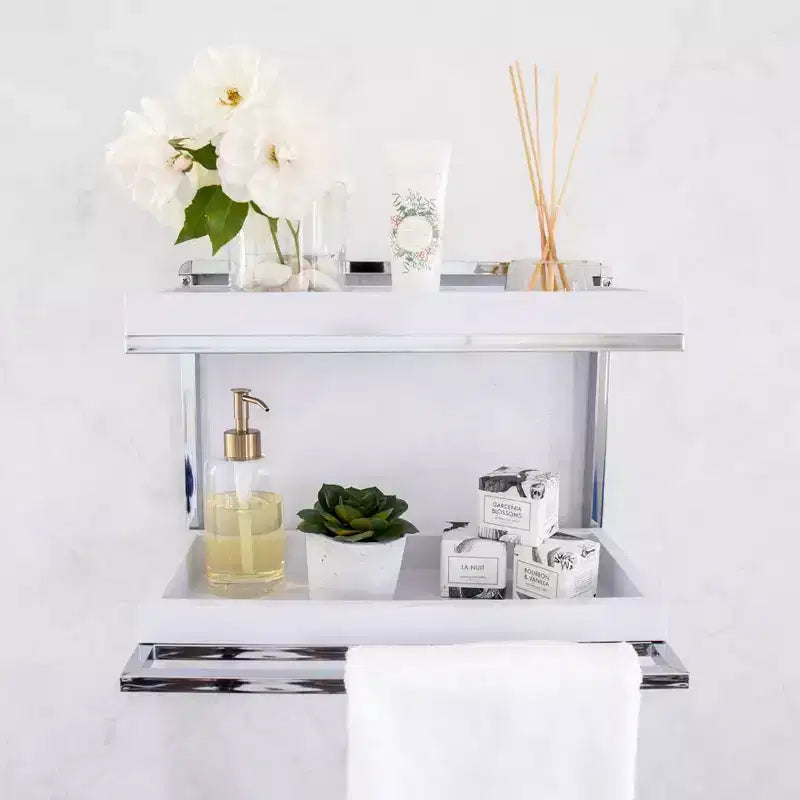 Étagère murale à 2 niveaux avec porte-serviettes et bacs Chromé/Blanc - : Organiseur de rangement de salle de bain moderne