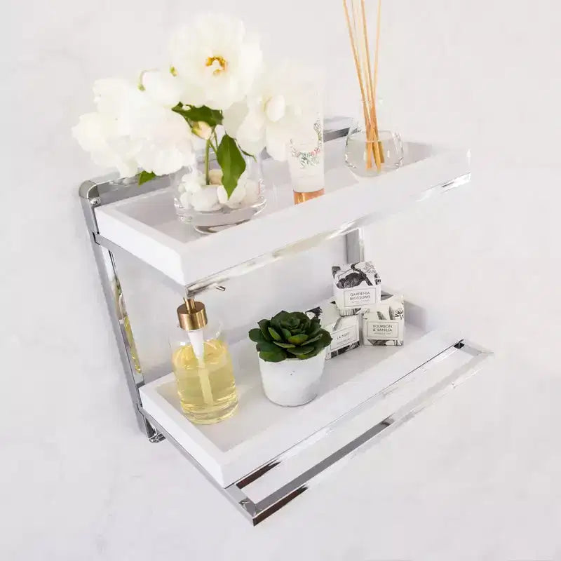Étagère murale à 2 niveaux avec porte-serviettes et bacs Chromé/Blanc - : Organiseur de rangement de salle de bain moderne