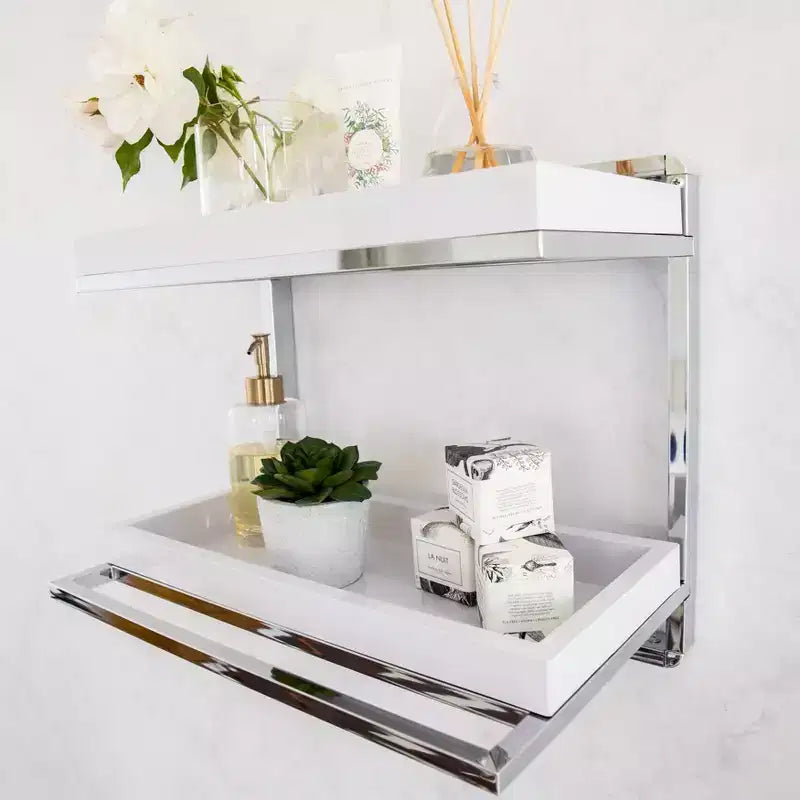 Étagère murale à 2 niveaux avec porte-serviettes et bacs Chromé/Blanc - : Organiseur de rangement de salle de bain moderne