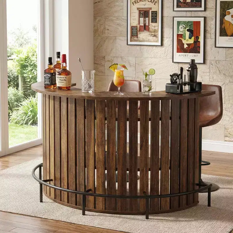 Mini-bar de rangement 4 niveaux en forme d'arc, table de bar à la maison rustique moderne avec repose-pieds et construction en MDF