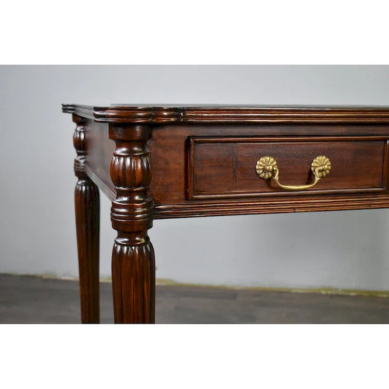Bureau de style victorien en acajou massif, brun foncé / brun clair, avec plateau en cuir noir et 3 tiroirs – Unité simple