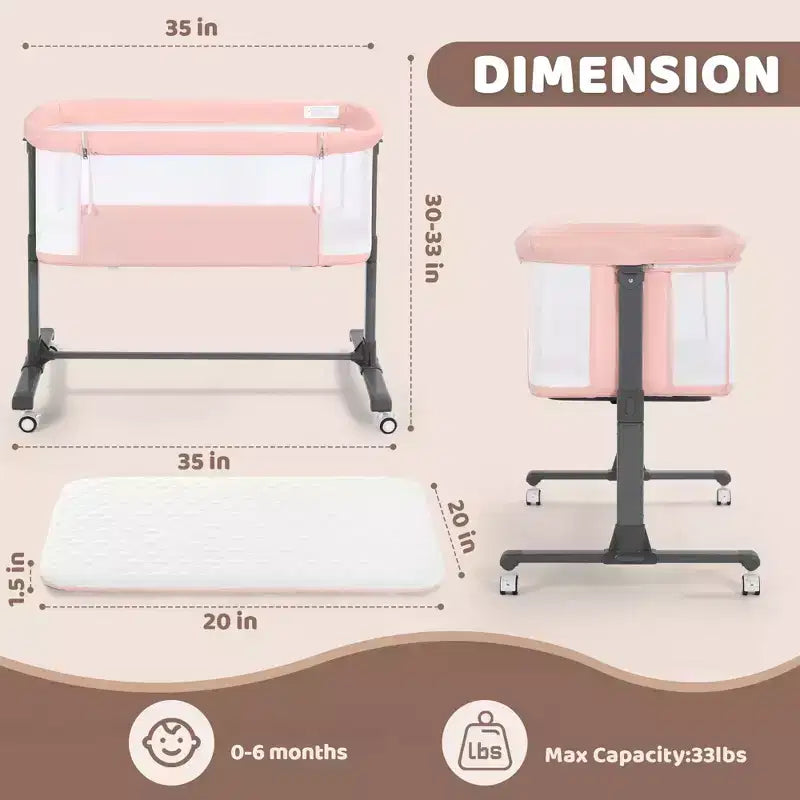 Berceau bébé à roulettes – Beige / Gris / Rose, cododo, pour 1 bébé