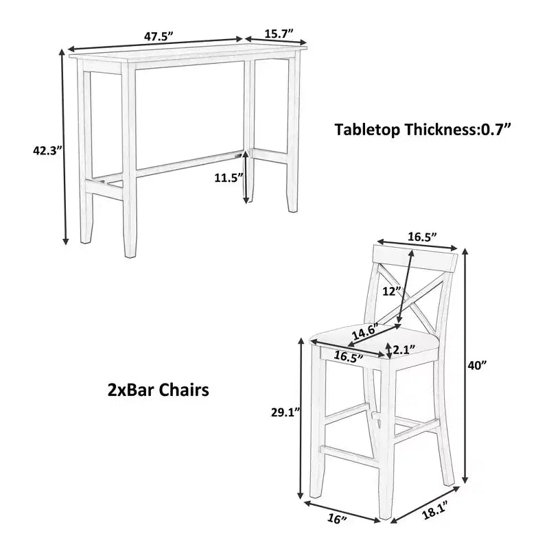 Ensemble table de salle à manger rectangulaire en bois hauteur bar 47,5, coin repas de cuisine avec 2 chaises pour petits espaces - ModernLuxe