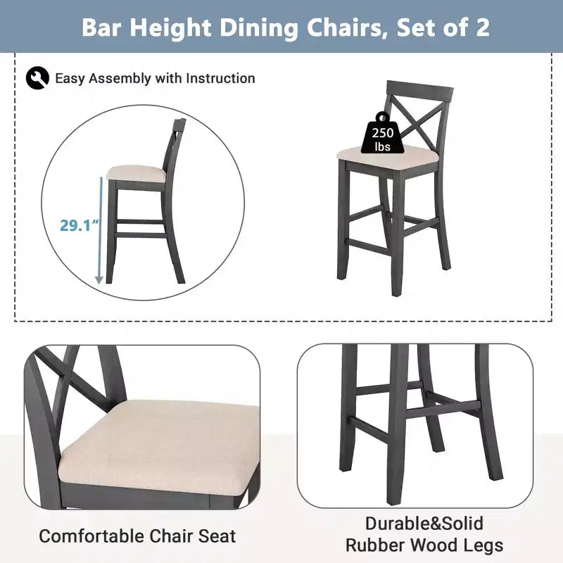 Ensemble table de salle à manger rectangulaire en bois hauteur bar 47,5, coin repas de cuisine avec 2 chaises pour petits espaces - ModernLuxe
