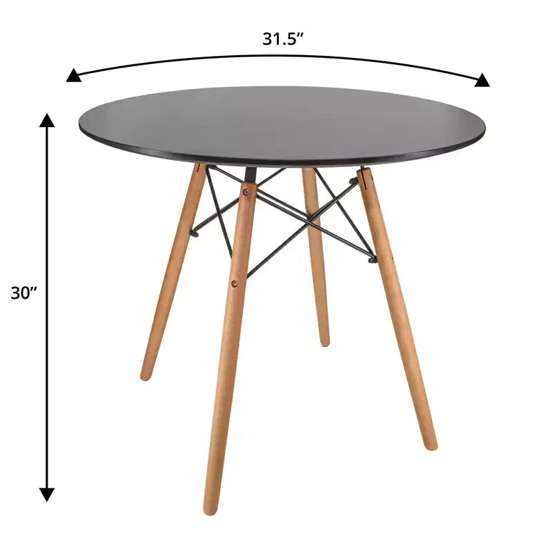LeisureMod Dover Ensemble repas 3 pièces – Table de bistrot ronde en MDF noir avec 2 chaises en plastique, cuisine moderne, salle à manger, petits espaces, cafés