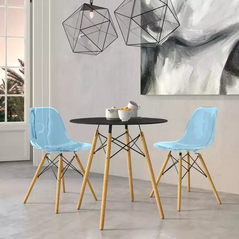 LeisureMod Dover Ensemble repas 3 pièces – Table de bistrot ronde en MDF noir avec 2 chaises en plastique, cuisine moderne, salle à manger, petits espaces, cafés