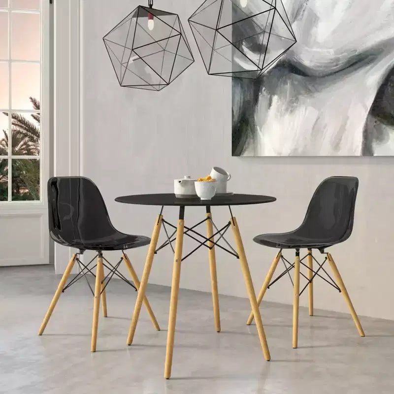 LeisureMod Dover Ensemble repas 3 pièces – Table de bistrot ronde en MDF noir avec 2 chaises en plastique, cuisine moderne, salle à manger, petits espaces, cafés