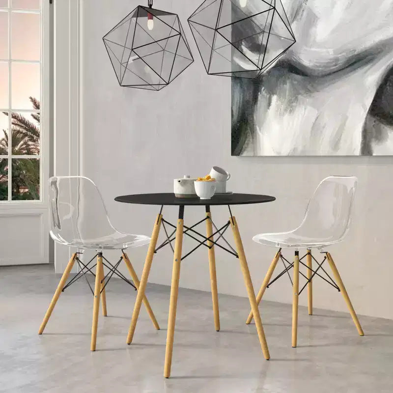 LeisureMod Dover Ensemble repas 3 pièces – Table de bistrot ronde en MDF noir avec 2 chaises en plastique, cuisine moderne, salle à manger, petits espaces, cafés