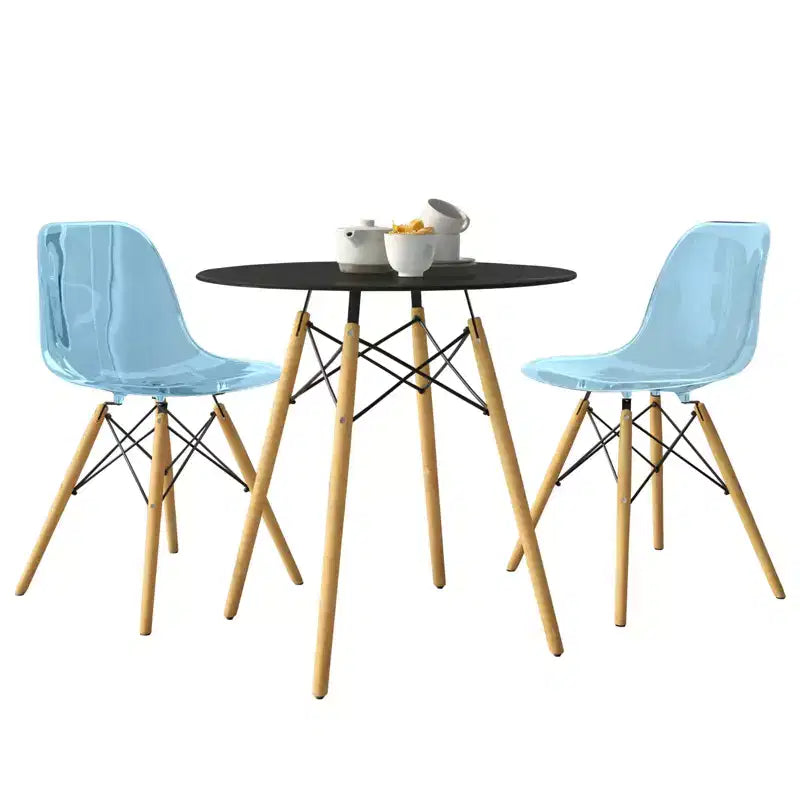 LeisureMod Dover Ensemble repas 3 pièces – Table de bistrot ronde en MDF noir avec 2 chaises en plastique, cuisine moderne, salle à manger, petits espaces, cafés
