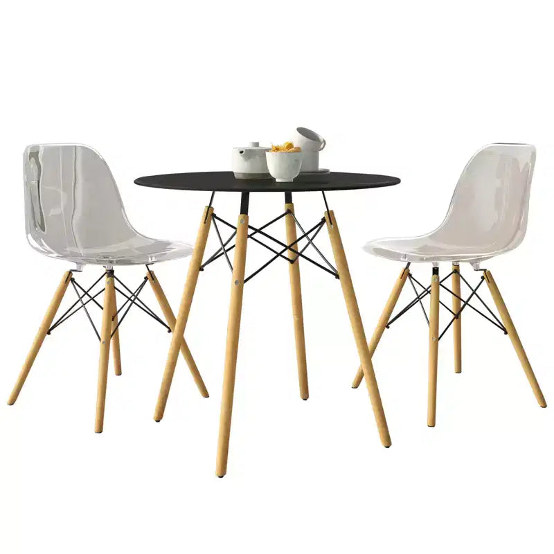 LeisureMod Dover Ensemble repas 3 pièces – Table de bistrot ronde en MDF noir avec 2 chaises en plastique, cuisine moderne, salle à manger, petits espaces, cafés