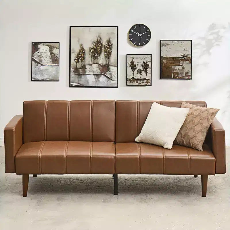 75 Futon Sofa Bed, Mid-Century Modern Futon Couch, Convertible Sleeper Sofa with Adjustable Backrest, PU Leather Sofa Couch for Living Room, Brown