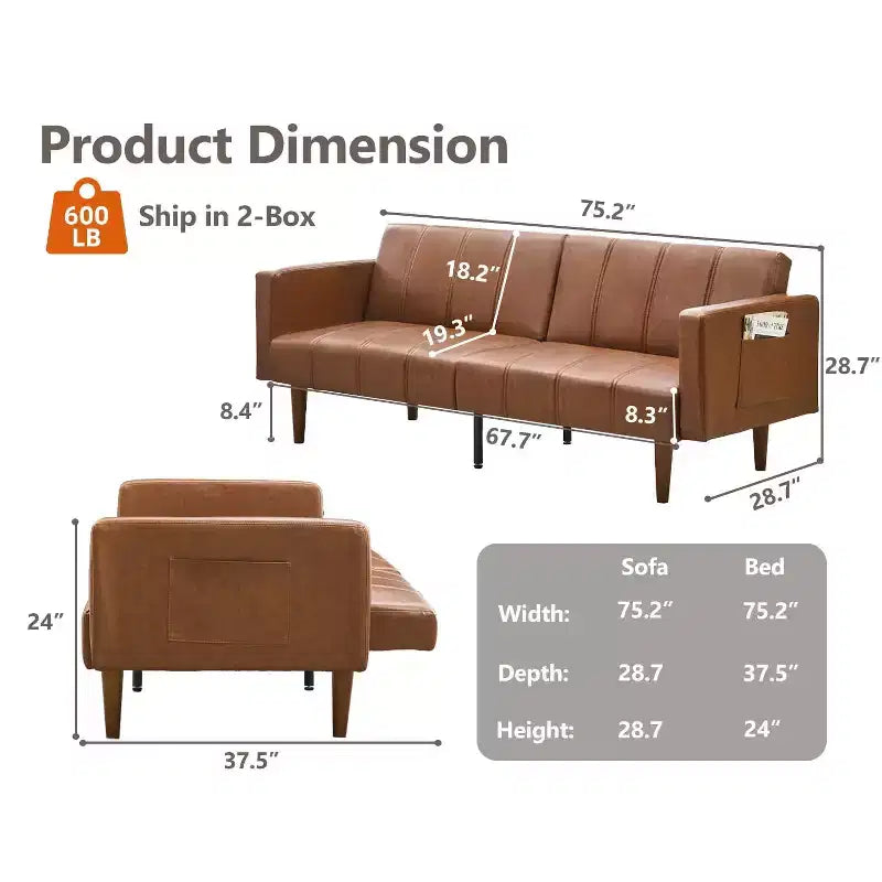 Canapé futon 75 po, canapé futon moderne du milieu du siècle, canapé-lit convertible avec dossier réglable, canapé en cuir PU pour salon, marron