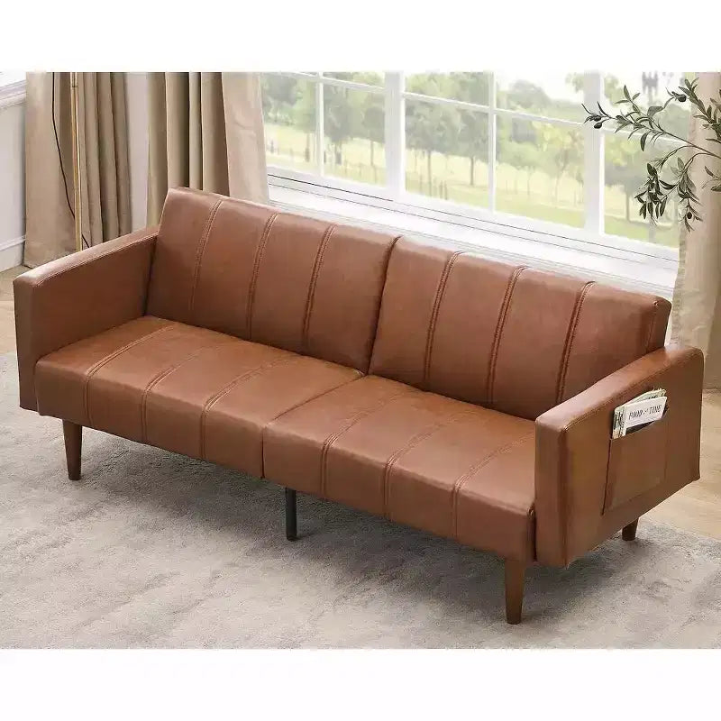 Canapé futon 75 po, canapé futon moderne du milieu du siècle, canapé-lit convertible avec dossier réglable, canapé en cuir PU pour salon, marron