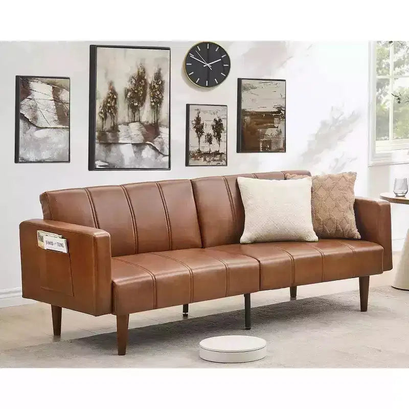 Canapé futon 75 po, canapé futon moderne du milieu du siècle, canapé-lit convertible avec dossier réglable, canapé en cuir PU pour salon, marron