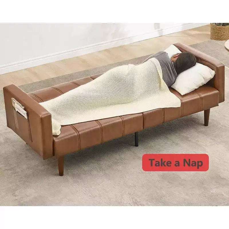 Canapé futon 75 po, canapé futon moderne du milieu du siècle, canapé-lit convertible avec dossier réglable, canapé en cuir PU pour salon, marron