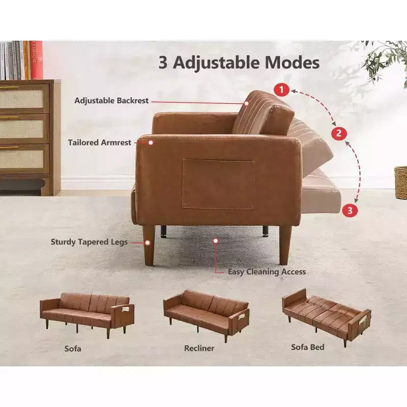 Canapé futon 75 po, canapé futon moderne du milieu du siècle, canapé-lit convertible avec dossier réglable, canapé en cuir PU pour salon, marron