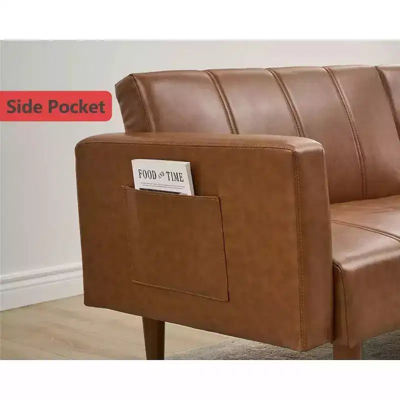 Canapé futon 75 po, canapé futon moderne du milieu du siècle, canapé-lit convertible avec dossier réglable, canapé en cuir PU pour salon, marron