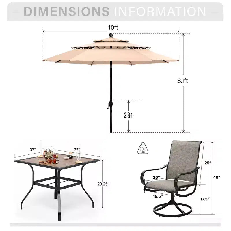Captiva Designs Ensemble de salle à manger de jardin 6 pièces avec table carrée en acier, chaises pivotantes en textilène et parasol.