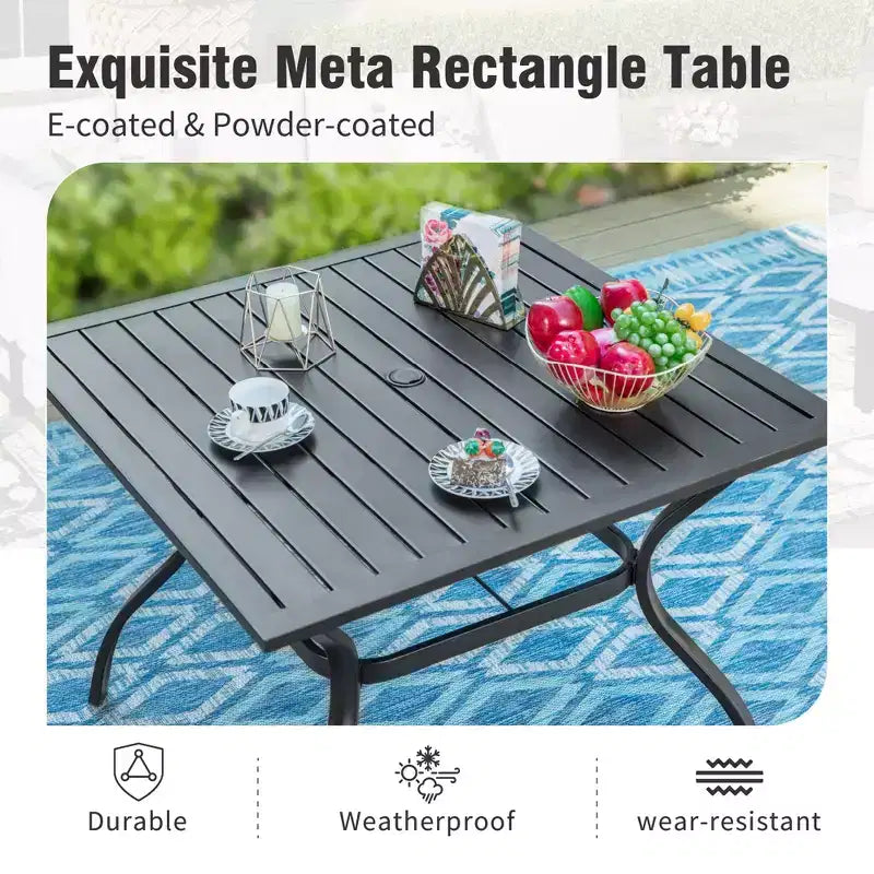 Captiva Designs Ensemble de salle à manger de jardin 6 pièces avec table carrée en acier, chaises pivotantes en textilène et parasol.