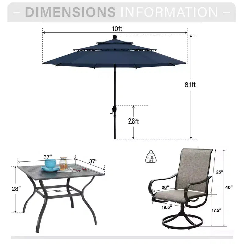 Captiva Designs Ensemble de salle à manger de jardin 6 pièces avec table carrée en acier, chaises pivotantes en textilène et parasol.