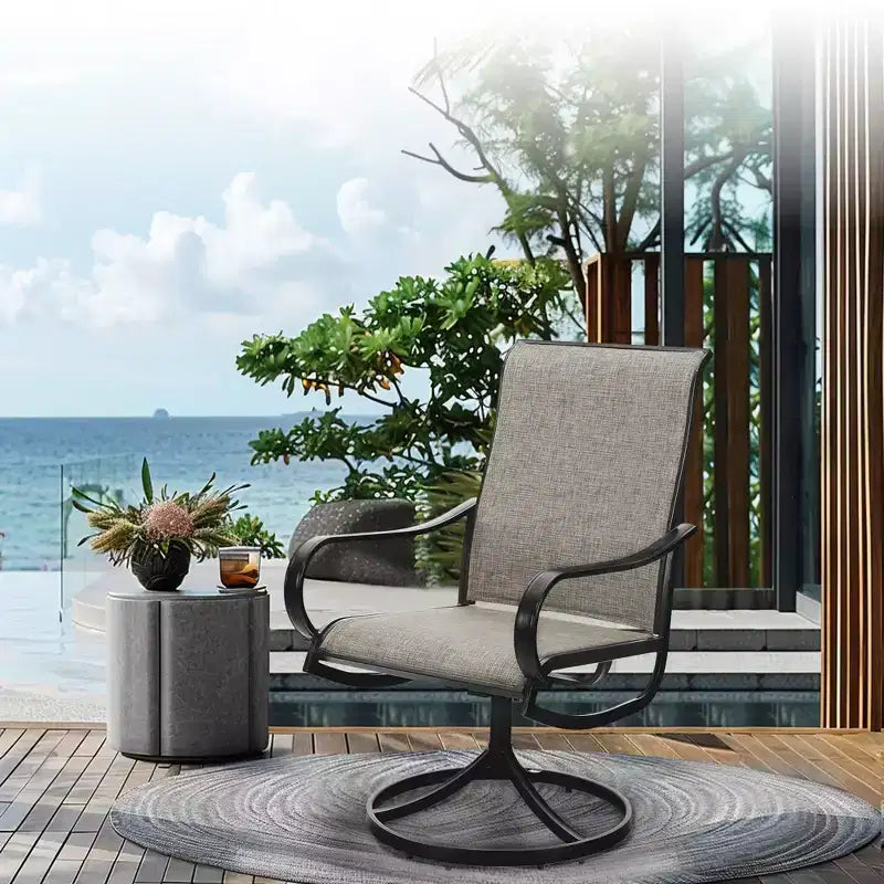 Captiva Designs Ensemble de salle à manger de jardin 6 pièces avec table carrée en acier, chaises pivotantes en textilène et parasol.
