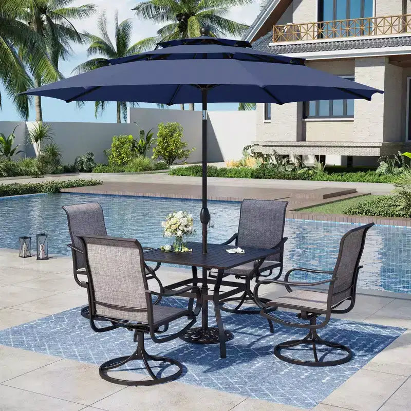 Captiva Designs Ensemble de salle à manger de jardin 6 pièces avec table carrée en acier, chaises pivotantes en textilène et parasol.