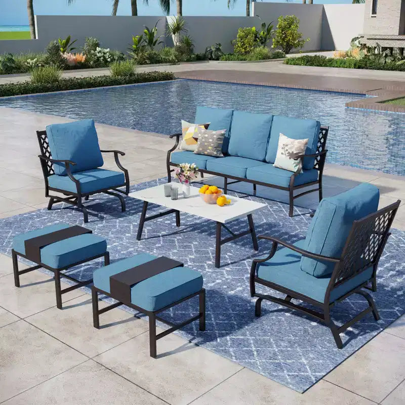 Ensemble de conversation d'extérieur Captiva Designs 6 pièces en métal avec fauteuils à bascule à dossier quadrillé, poufs et table basse