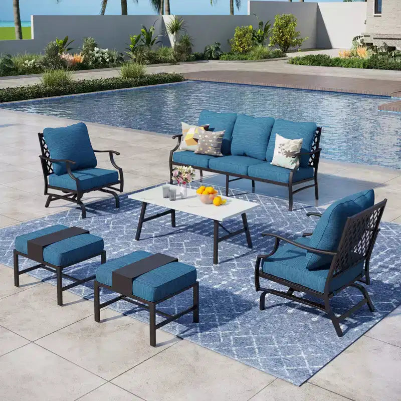 Ensemble de conversation d'extérieur Captiva Designs 6 pièces en métal avec fauteuils à bascule à dossier quadrillé, poufs et table basse