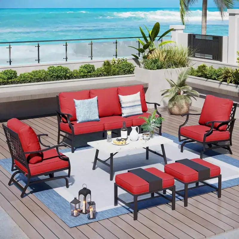 Ensemble de conversation d'extérieur Captiva Designs 6 pièces en métal avec fauteuils à bascule à dossier quadrillé, poufs et table basse