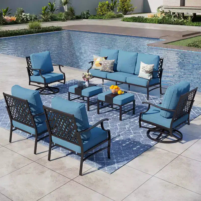 Captiva Designs Ensemble de conversation d'extérieur 7 pièces en métal pour patio avec chaises pivotantes à dossier grillagé, poufs pour jardin, bord de piscine, arrière-cour