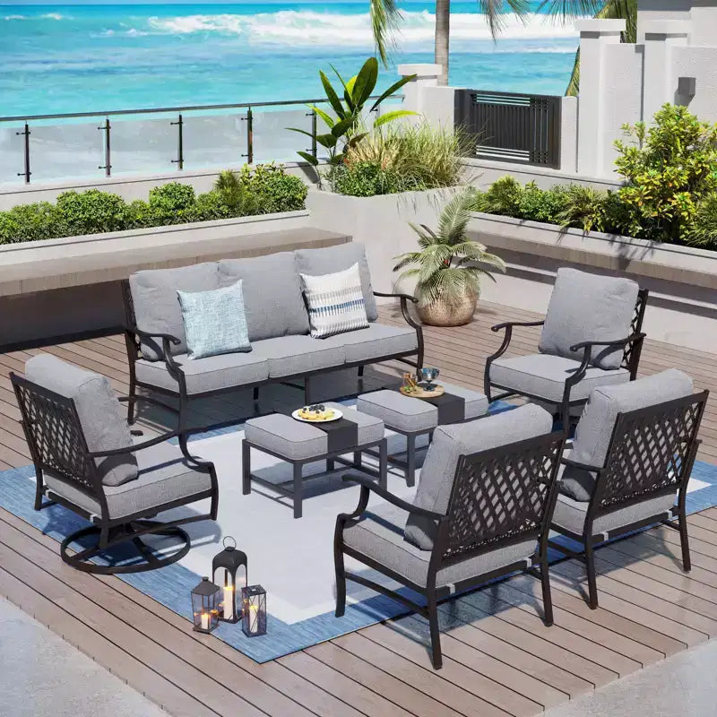 Captiva Designs Ensemble de conversation d'extérieur 7 pièces en métal pour patio avec chaises pivotantes à dossier grillagé, poufs pour jardin, bord de piscine, arrière-cour
