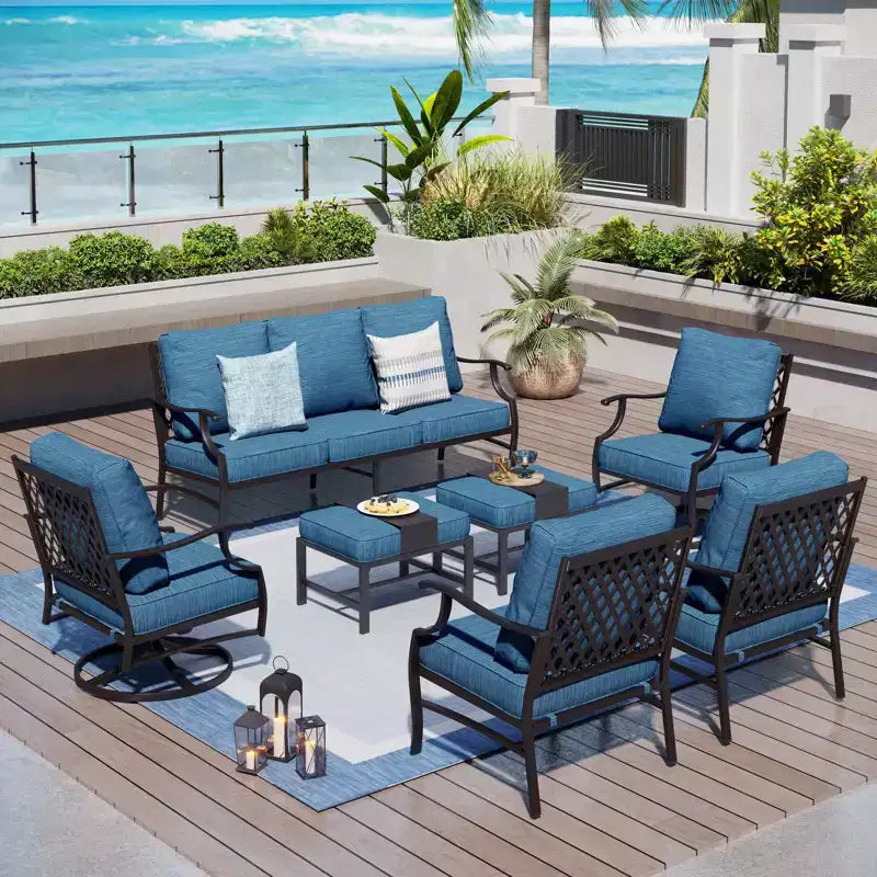 Captiva Designs Ensemble de conversation d'extérieur 7 pièces en métal pour patio avec chaises pivotantes à dossier grillagé, poufs pour jardin, bord de piscine, arrière-cour