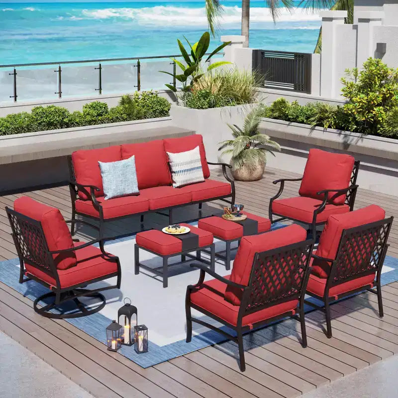 Captiva Designs Ensemble de conversation d'extérieur 7 pièces en métal pour patio avec chaises pivotantes à dossier grillagé, poufs pour jardin, bord de piscine, arrière-cour
