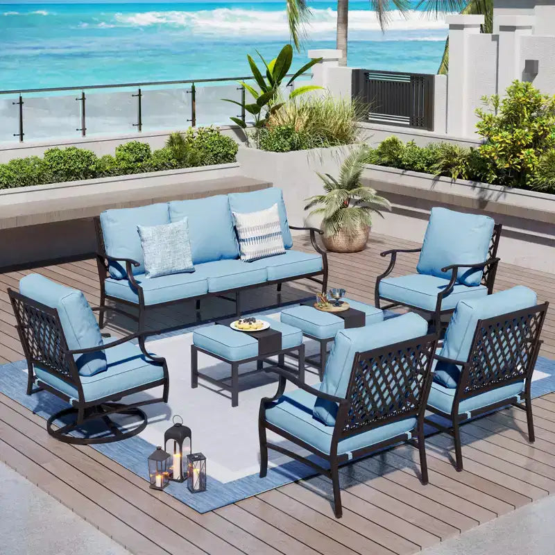 Captiva Designs Ensemble de conversation d'extérieur 7 pièces en métal pour patio avec chaises pivotantes à dossier grillagé, poufs pour jardin, bord de piscine, arrière-cour