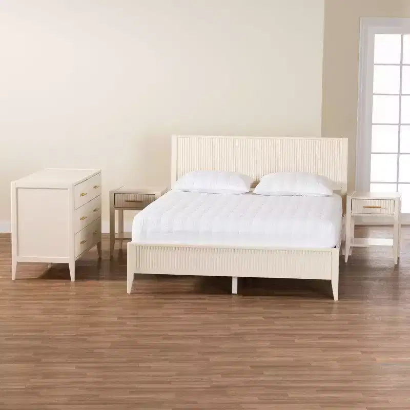 Ensemble de chambre 4 pièces Baxton Studio Primrose, ivoire, en bois cannelé de style milieu de siècle
