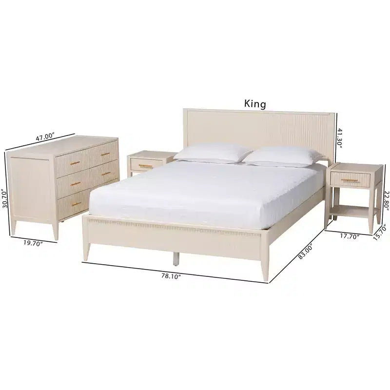 Ensemble de chambre 4 pièces Baxton Studio Primrose, ivoire, en bois cannelé de style milieu de siècle