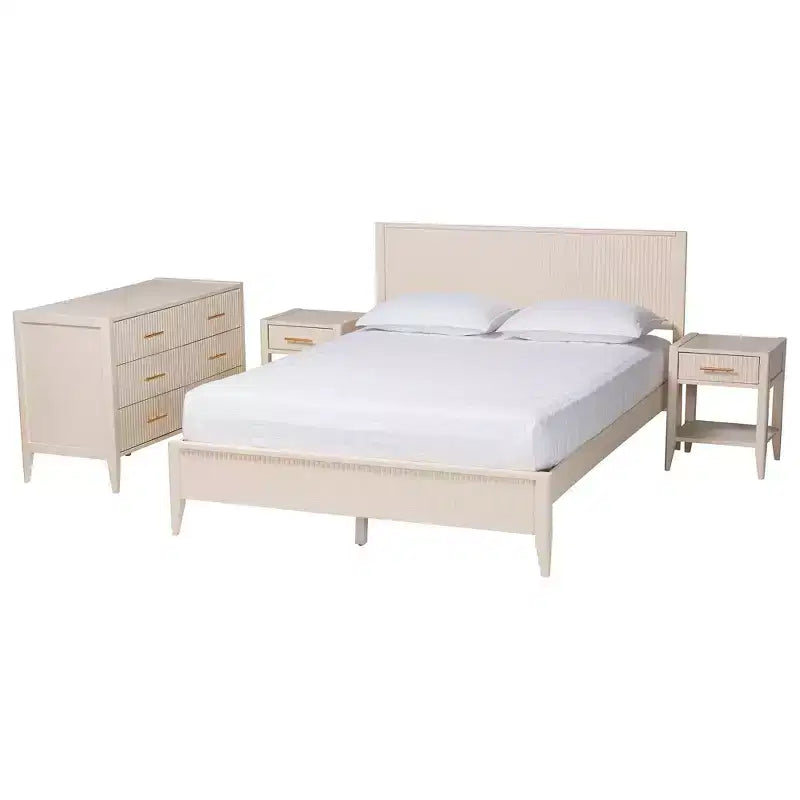 Ensemble de chambre 4 pièces Baxton Studio Primrose, ivoire, en bois cannelé de style milieu de siècle