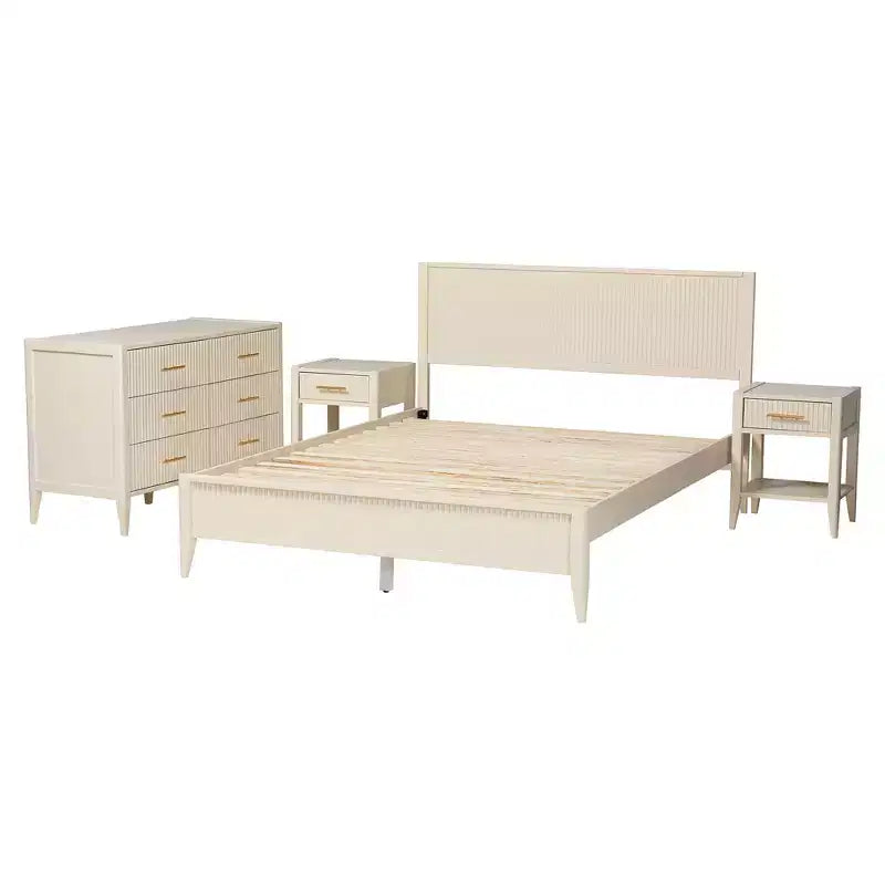 Ensemble de chambre 4 pièces Baxton Studio Primrose, ivoire, en bois cannelé de style milieu de siècle