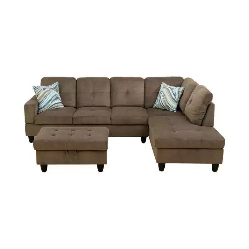 Canapé sectionnel en tissu marron avec méridienne et pouf de rangement – Confort et style modernes