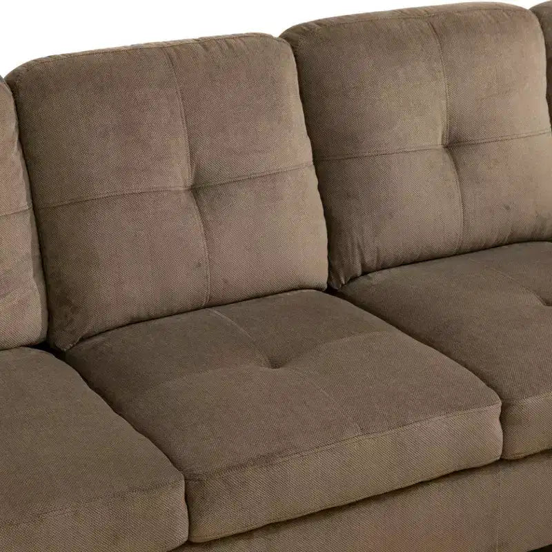 Canapé sectionnel en tissu marron avec méridienne et pouf de rangement – Confort et style modernes