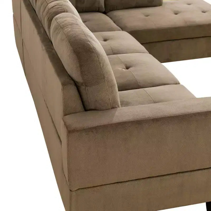 Canapé sectionnel en tissu marron avec méridienne et pouf de rangement – Confort et style modernes