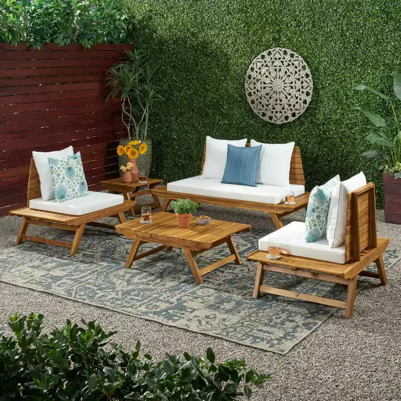 Salon de jardin 4 places Christopher Knight Home Sedona en bois d'acacia avec table d'appoint et coussins