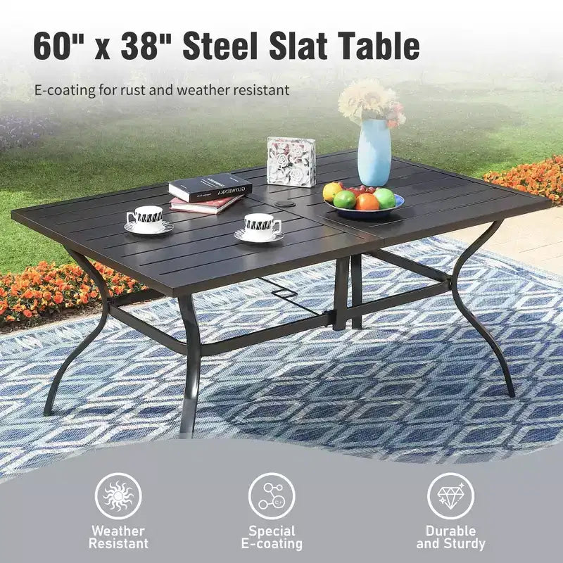 Ensemble de salle à manger d'extérieur Captiva Designs avec table en acier à lattes et chaises en métal avec coussins