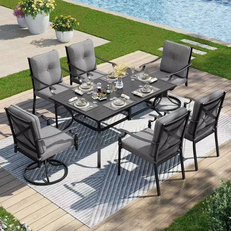 Ensemble de salle à manger d'extérieur Captiva Designs avec table en acier à lattes et chaises en métal avec coussins