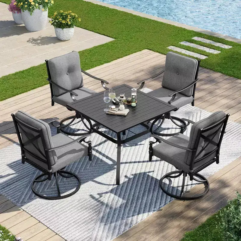 Ensemble de salle à manger d'extérieur Captiva Designs avec table en acier à lattes et chaises en métal avec coussins
