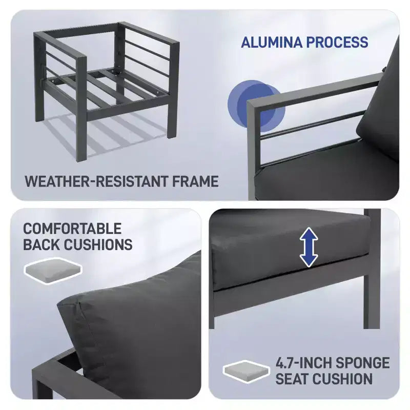 Ensemble de conversation d'extérieur 4 pièces en aluminium gris foncé Karl Home avec coussins gris foncé