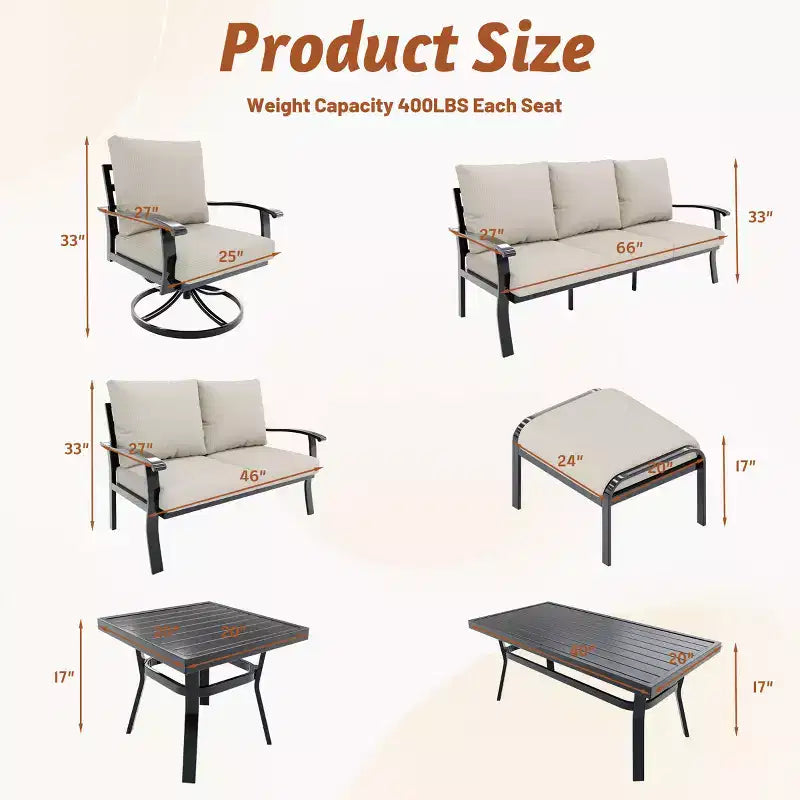 Ensemble de conversation d'extérieur 7 pièces en métal EROMMY avec fauteuils pivotants à 360°, canapé, table basse et pouf pour patio, jardin, terrasse ou piscine